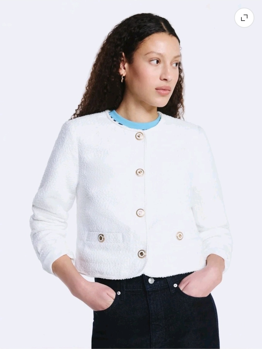 Cropped White Bouclé Button-Front Jacket - Women